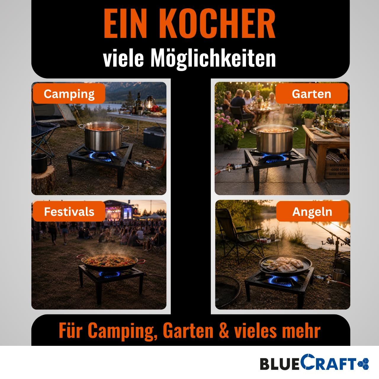 Bluecraft Hockerkocher Gas 10,5 KW Gaskocher + Gasschlauch & Regler 50mbar | Mit Zündsicherung & Piezozündung für Gasflasche - Campingkocher, Gasgrill, Gasbrenner, Gusseisen, Räucherofen, Wokbrenner