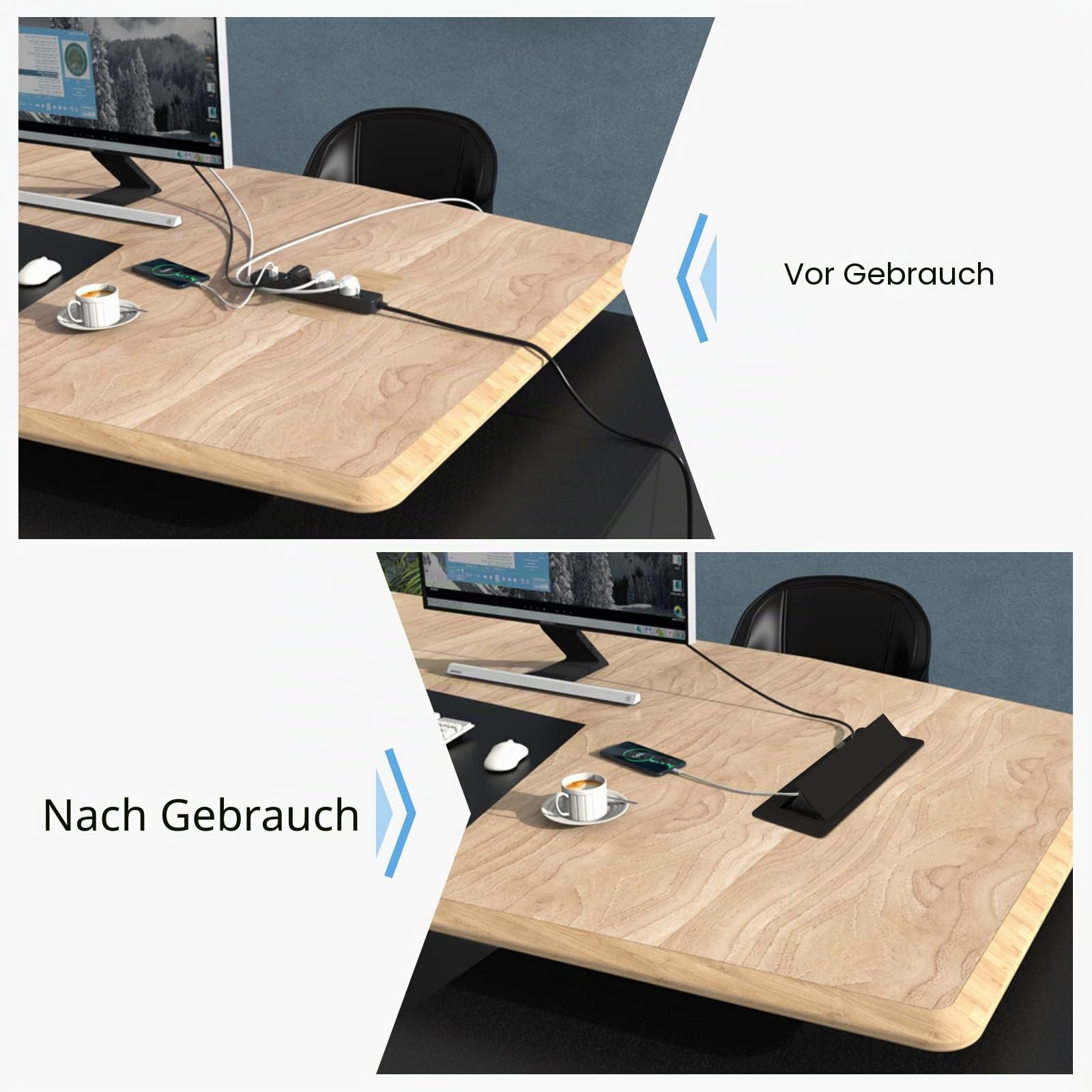 CPROSP Einbausteckdose Versenkbar 2 Fach mit 2 USB/Stecker/1,8 m Kabel