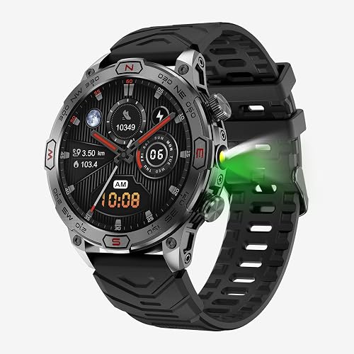 OHUGNA Military Smart Watch with LED Flashlight, Bluetooth Make/Answer Call, 1.4