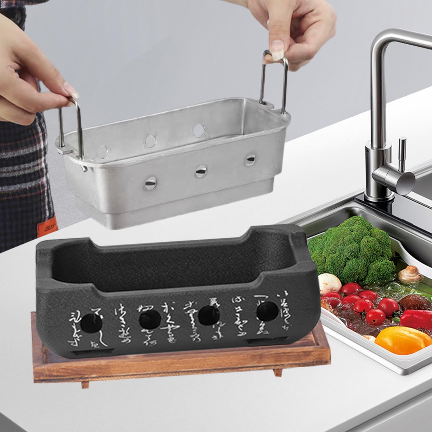 Tissting Barbacoa Japonesa de Mesa 36 x 18 x 13 cm – Mini Parrilla de Carbón Portátil con Rejilla y Base de Madera, Horno de Carbón para Yakiniku y Takoyaki