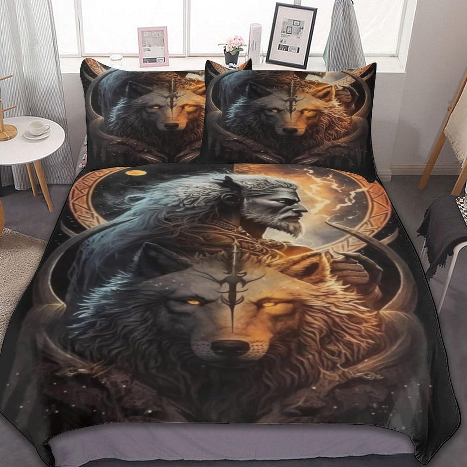 Ensemble de literie Viking pour chambre d'adulte style nordique tatouage loup
