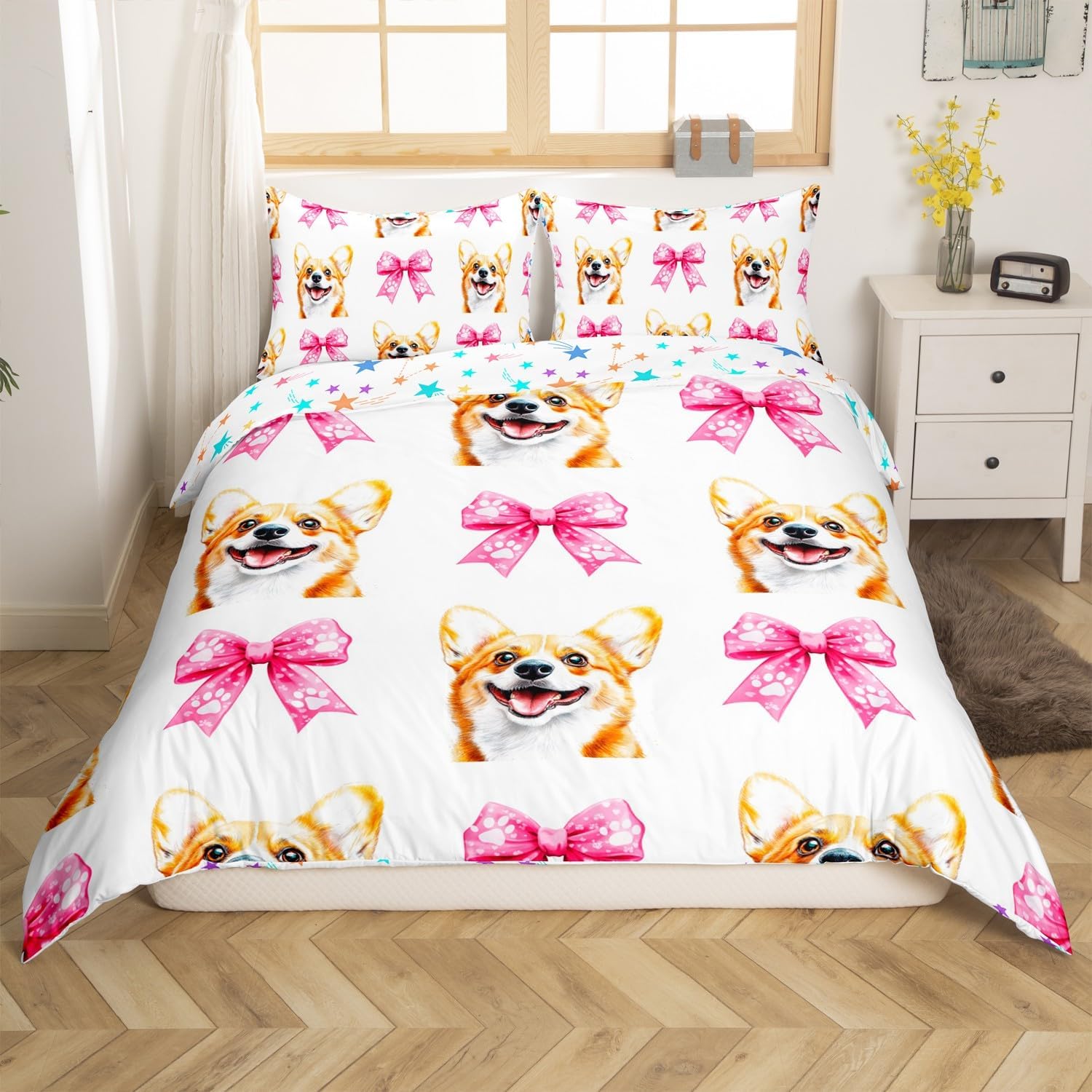 Manfei Corgi Dog Duvet Cover Set Toddler,Cute Puppy Bowknot Bedding Set 2Pcs for Kids Teens Room Decor,Kids Animals Lover Comforter Cover,Pink Girly Princess Bedding Set 2 Pcs with 1 Pillowcase