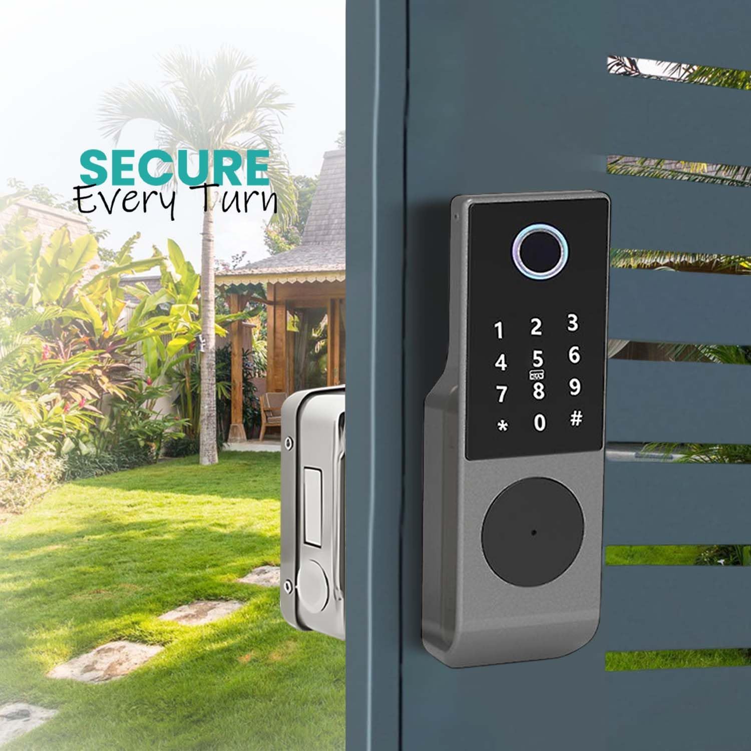 smart latch double gate lock, electronic gate latch for outdoor fence, waterproof keyless smart rim lock, electric double sided keypad locks, Fingerprint, Passcode, Key, IC Card, Tuya App