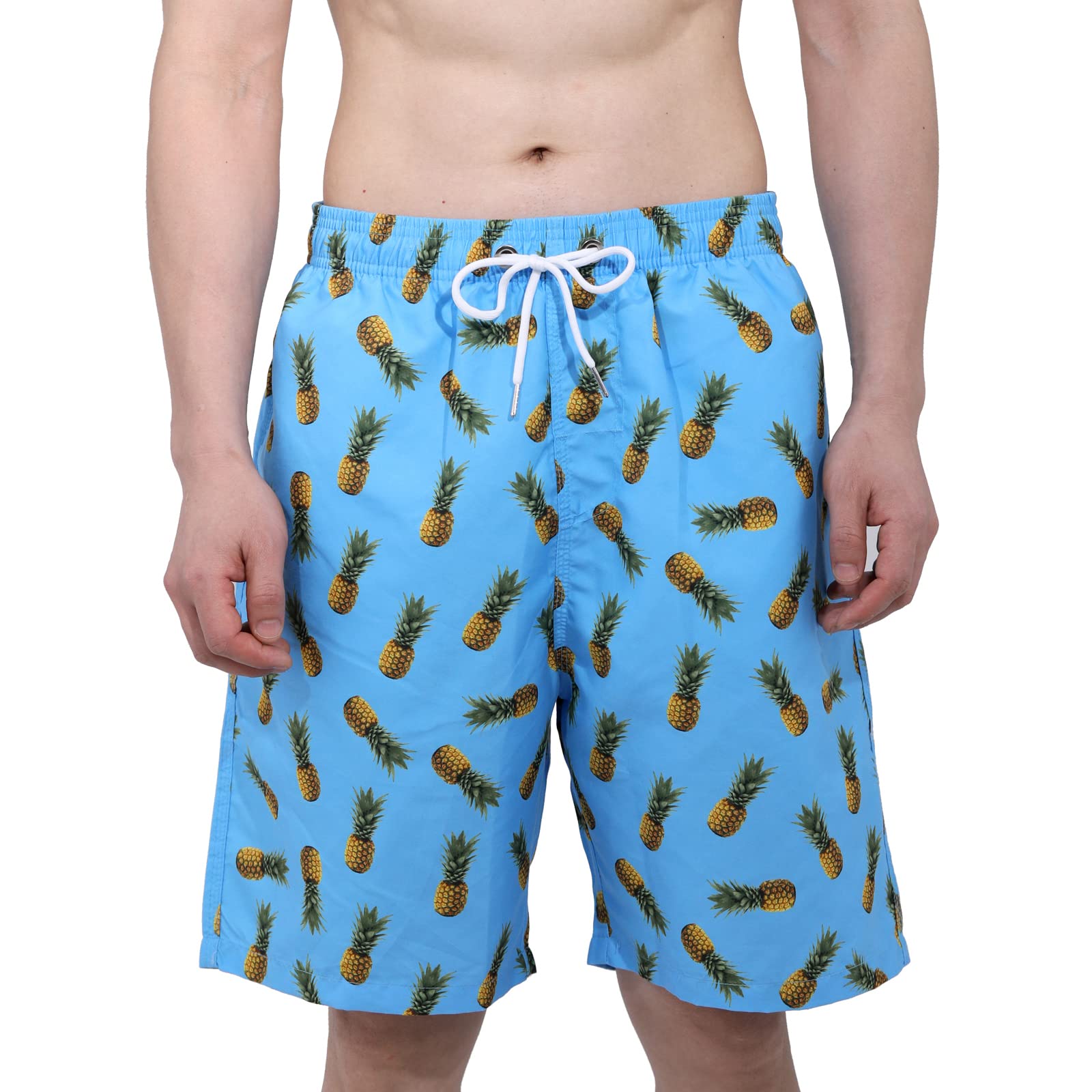 suitmine Mens Summer Beach Quick-Dry Board Shorts Layback Swim Trunks with Tropical Print(Light Blue - Pineapple, XL)
