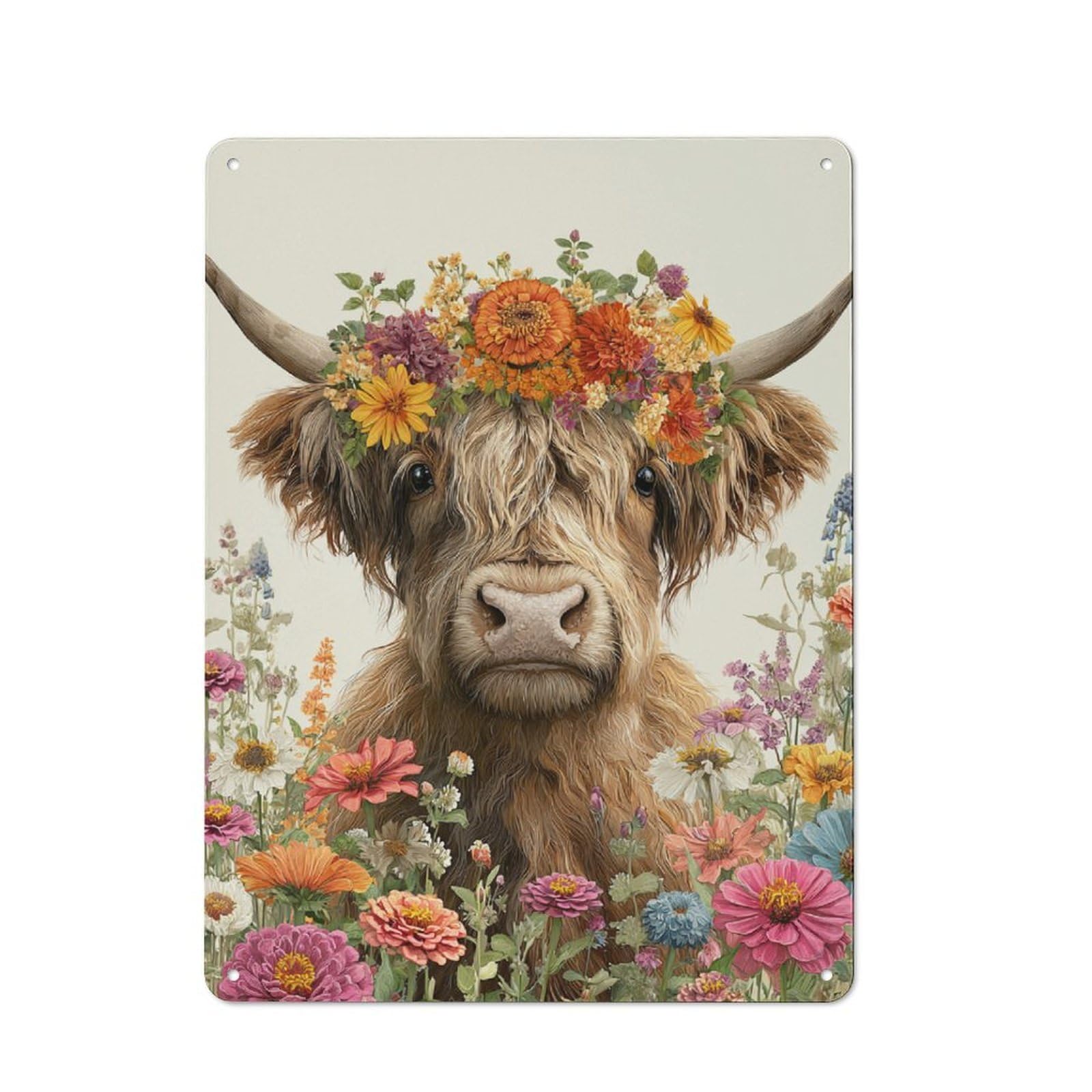 Junmoney Floral Highland Cow Art Cottage Style Country Metal Sign 40X30cm, Farmhouse Wall Decor For Farmhouse Kitchen, Pantry Or Dining Area
