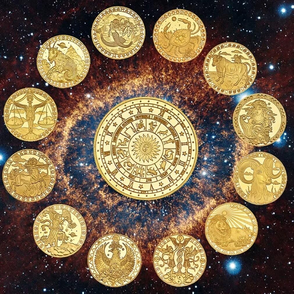 12  星座チャレンジコイン、牡羊座/おうし座/ふたご座/かに座/しし座/乙女座/てんびん座/さそり座/射手座/山羊座/水瓶座/魚座金メッキコインコレクション