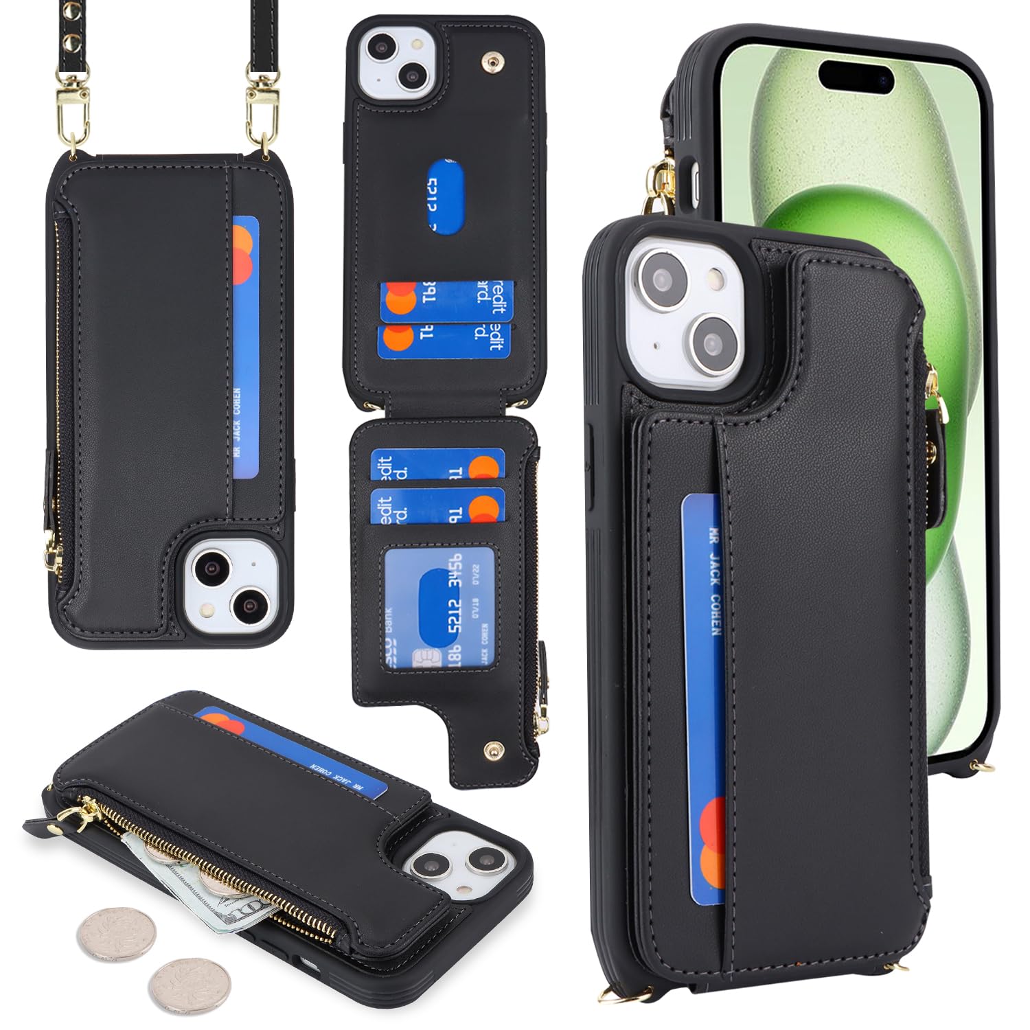 Cavor for iPhone 15 Case with Card Holder,iPhone 15 Wallet Case for Women,Phone Case iPhone 15 Case with Strap,Crossbody Lanyard and Wristlet,Leather Zipper Pocket Case-Black