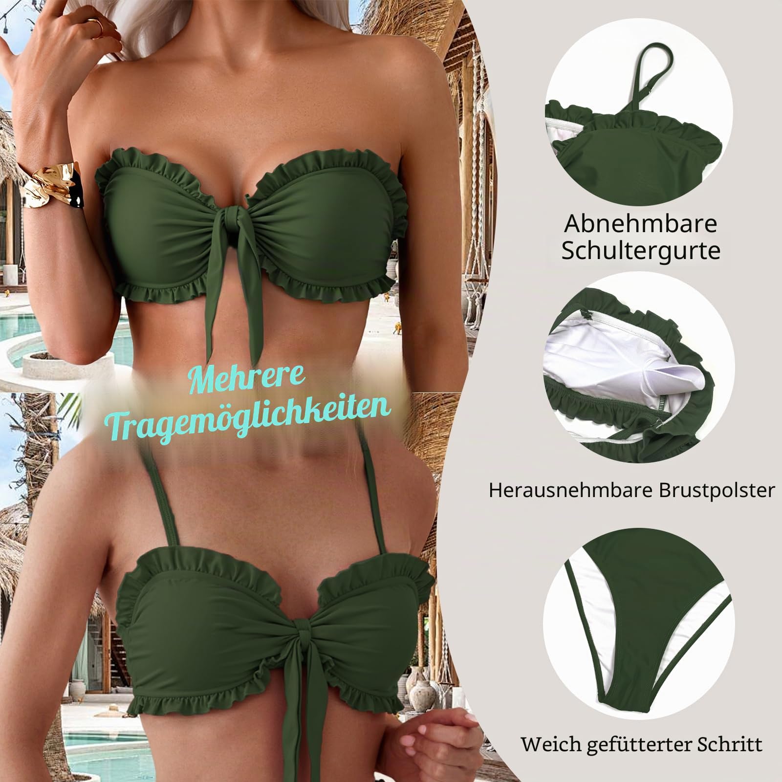 OUSIMEN Damen Bikini Set Rüschen-Bandeau High-Waist Verstellbar