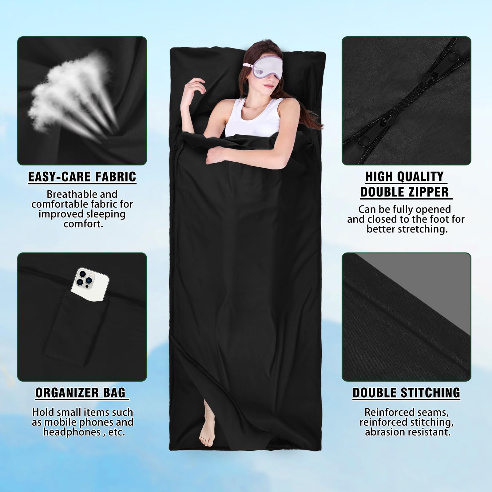 Sac De Couchage Ultra-léger En Coton - 220x90 Cm, 530 G - Zip Double Sens, Compartiment Coussin - Pour Camping, Randonnée