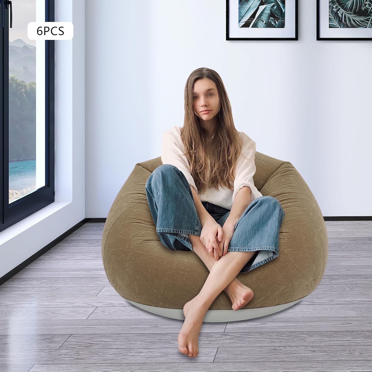 6Pcs Inflatable Bean Bag Chairs for Adults with Electric Air Pump, Inflatable Blow up Couch Flocking Lazy Sofa for Home, Outdoor, Movie Night Camping (Brown)