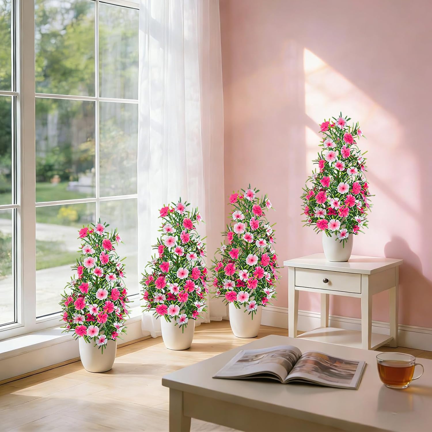 4 Pack Artificial Topiary Trees with Ground Spike for Outdoor, 19" Faux UV Resistant Shrubs with Flowers, Realistic Artificial Fake Bushes Plants for Home Garden Yard Porch Patio Decor (Pink White)