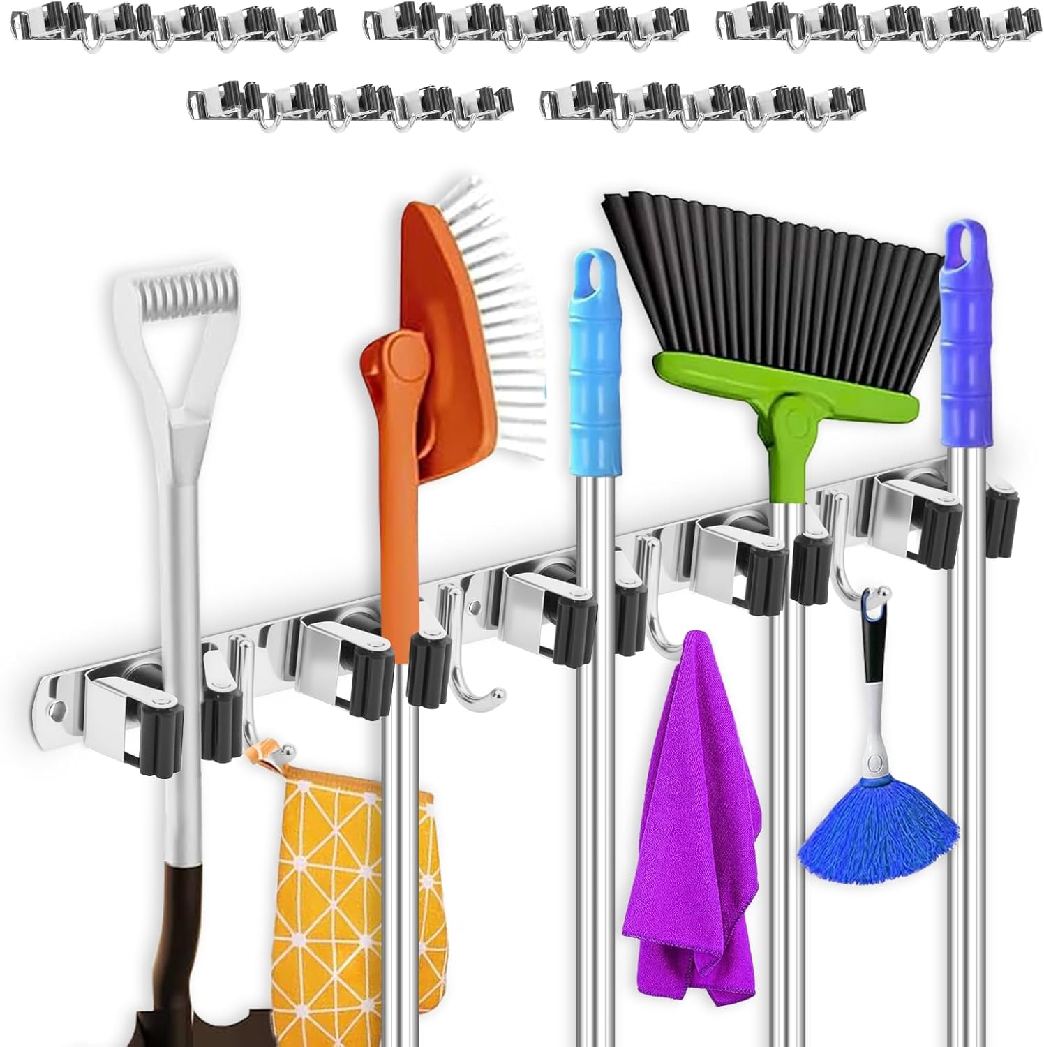 5 Pack Broom Holder Wall Mount 5 Racks 4 Hooks Stainless Steel Broom Mop Holder Anti Slip Storage Rack Strong Load Bearing Waterproof Broom and Mop Organizer Wall Hanging for Bathroom Kitchen Garage