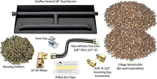Miniatura 2 de Chimenea de gas LP ventilada de 18 pulgadas, quemador de gas de doble fila resistente con kit de conexión de lujo, vermiculita y brasas brillantes,