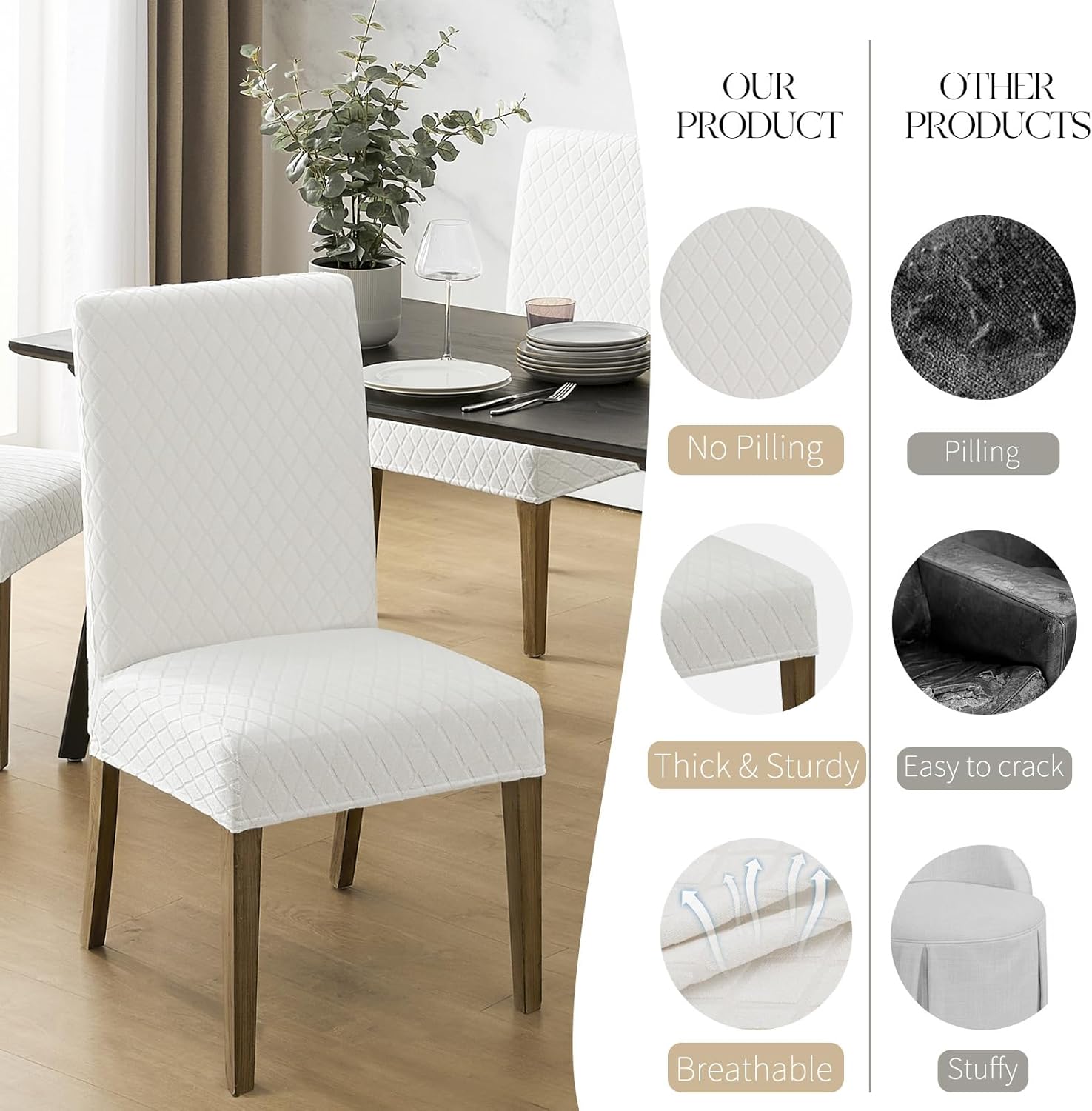 MOSAYT 100% Waterproof Dining Room Chair Covers Set of 6, Super Fit Stretch Jacquard Parson Chairs Slipcovers Removable Washable Chair Seat Protectors for Home, Kitchen, Banquet (White)