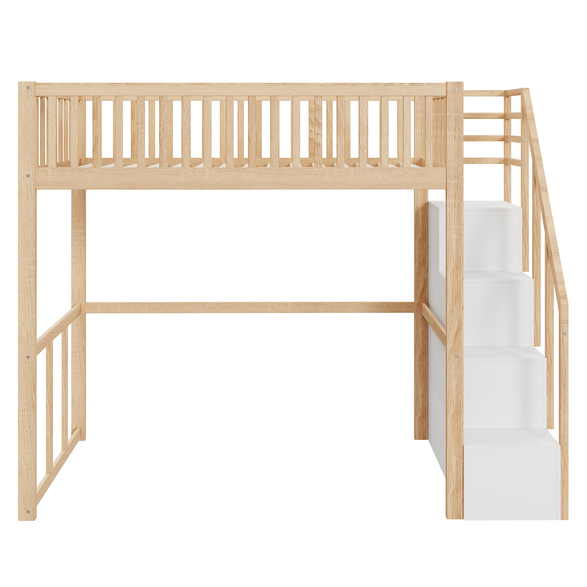 Moimhear Letto a soppalco 90x200cm con scala di sicurezza e contenitore, struttura del letto in legno di pino massiccio per bambini e ragazzi (colore legno + bianco)