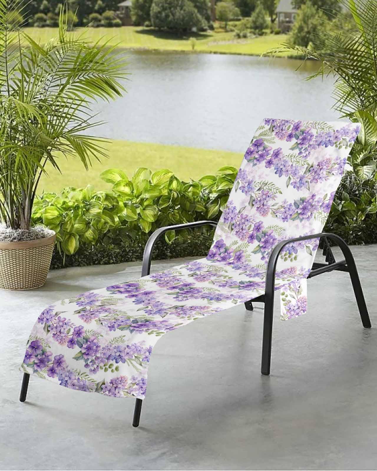 Purple Floral Beach Chair Towel Covers for Chaise Lounge with Side Pocket, Soft Plush Pool Towels Cover for Patio Sunbathing Outdoor 29''x85'' Watercolor Spring Summer Plant Herbs