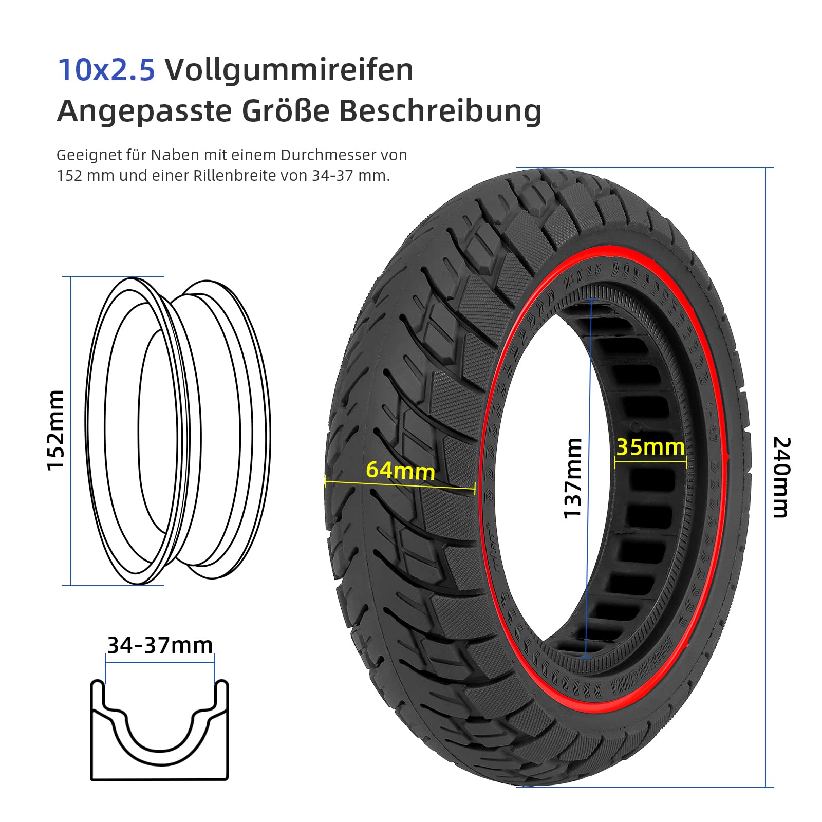 ulip Roue Solide 10x2.5 Pouces pour 10 Pouces Trottinette Electrique Anti Dérapant Anti Crevaison Avant/Arrière Roue