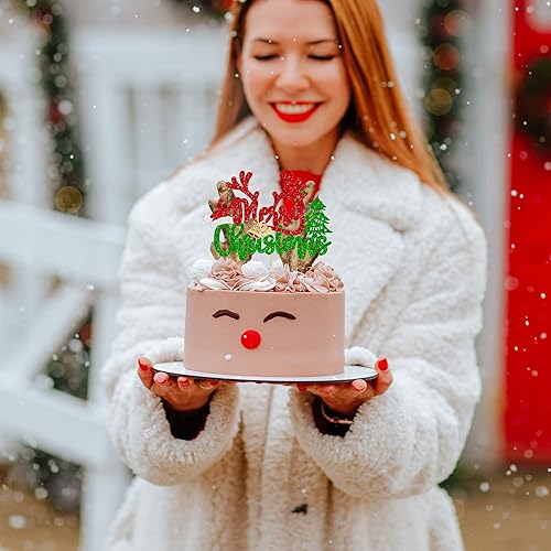 Miniatura 6 de 1 decoración de pastel de Navidad con purpurina roja y verde para árbol de Navidad, ciervo, sombrero de Papá Noel, decoración para decoración de