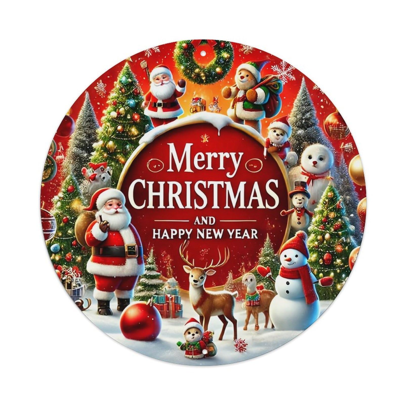 Merry Christmas And Happy New Year_1 Round Metal Tin Sign Vintage Wall Decor, Bar Garage Cafe Kitchen Home Wall Art Poster 8x8inches