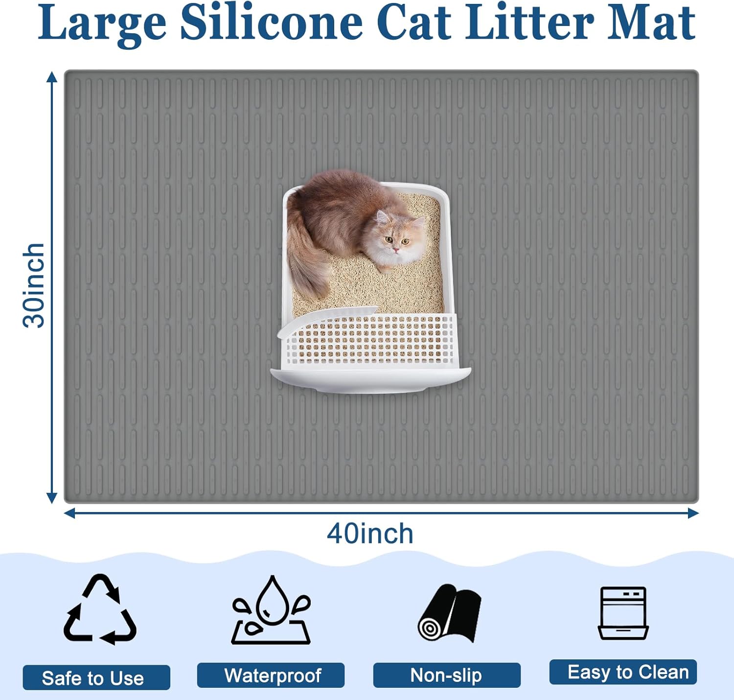 XXL Extra Large Silicone Cat Litter Trapping Mat for Scatter Control, 40"x30"(100cmx75cm) Waterproof Kitty Litter Box mat for Floor, Soft on Kitty Paws, Easy to Clean, Black