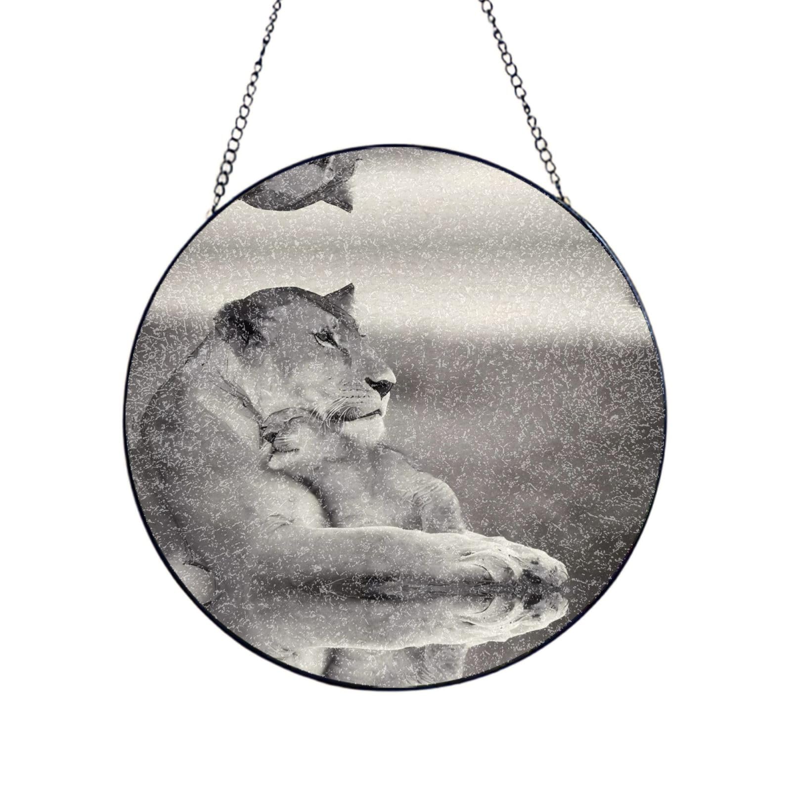 Poezjzw Stained Glass Window Hanging - Lioness With Cub Sun Catcher For Door Garden Home Decor Christmas Mother'S Day Birthday Gifts 6in（15cm）