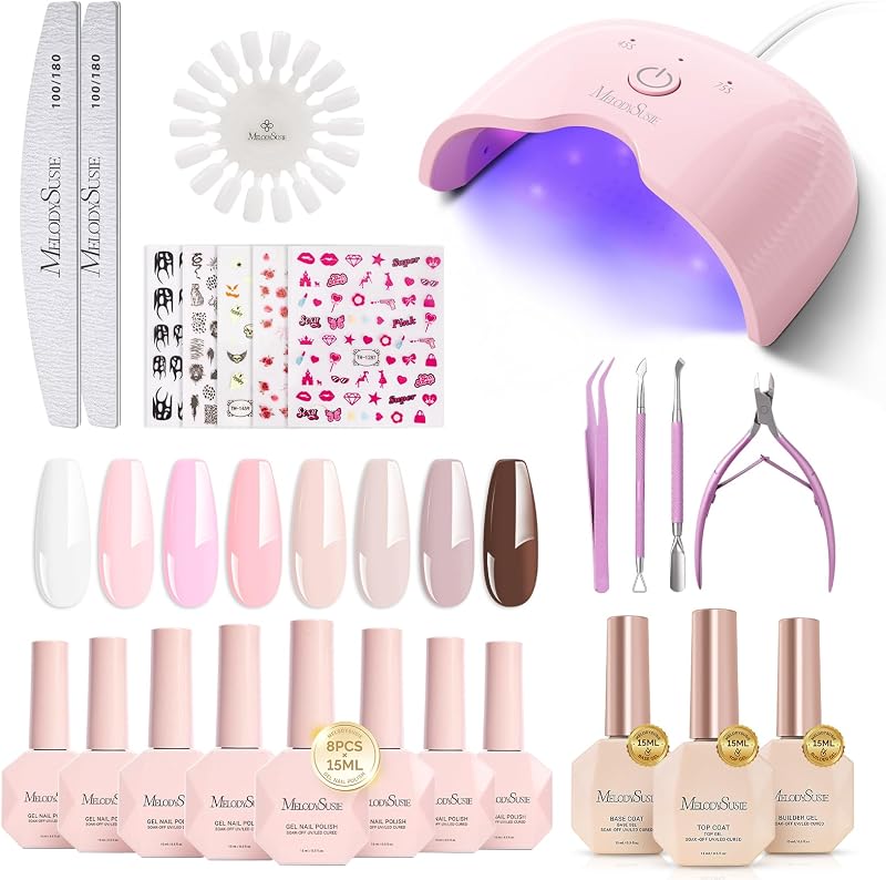 MelodySusie Gel Nail Polish Kit with UV Light P-ART06F | Popular Color Gel with Builder and Baser &Glossy Top Coat Soak Off Includes Nail Art Tools Nail Art Gift for Women & Girls