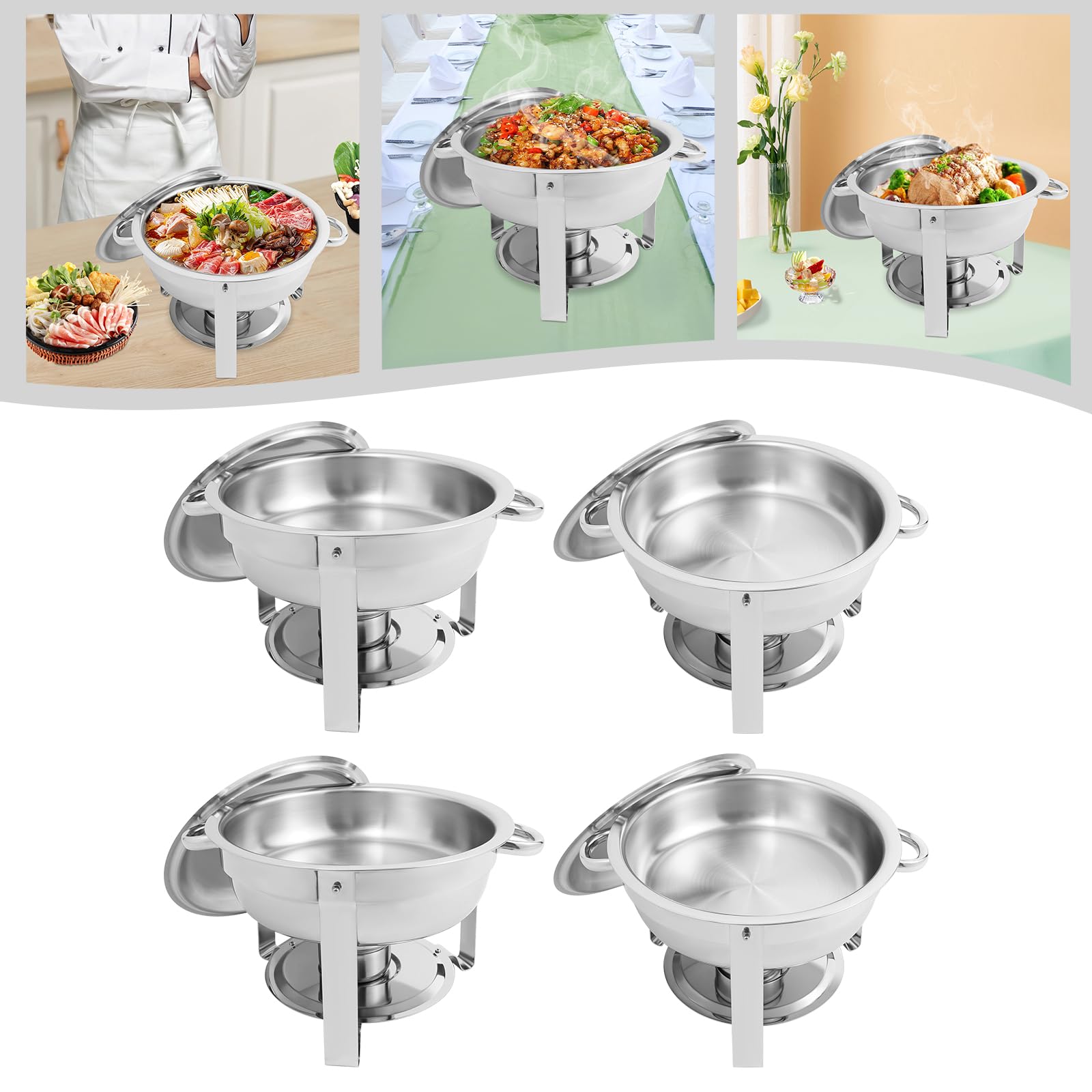 Okrągły zestaw naczyń Chafing Dish ze stali nierdzewnej, 4 x 4,5 l, podgrzewacz do potraw ze szklaną pokrywką i wanną na wodę, pojemnik utrzymujący ciepło do bufetu, cateringu i imprezy (41 cm