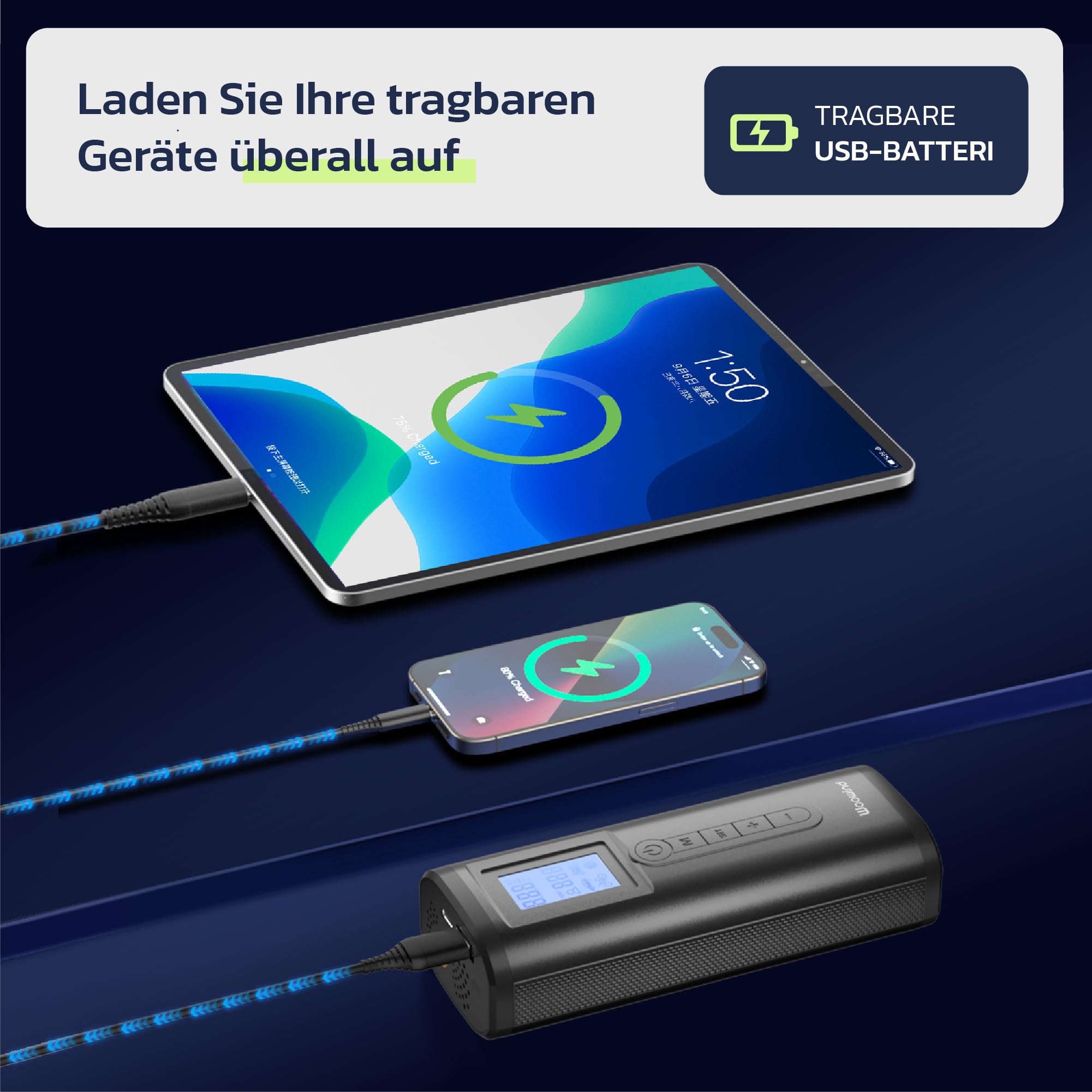 Woowind Akku Kompressor mit Powerbank, Auto Fahrrad Motorrad Bälle | Fahrradpumpe Elektrisch, Akku Kompressor, 2-Minuten-Aufpumpen, LCD-Display, LED-Licht