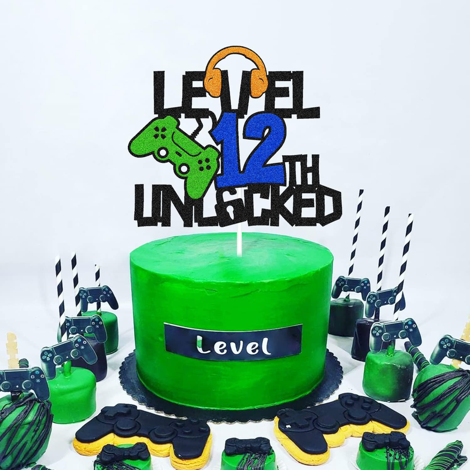 Level 12th Unlocked Cake Topper, Happy 12th Birthday Level Up Cake Decoration, Video Game Controller Play Game Theme, Boy’s Twelfth Birthday Party Supplies