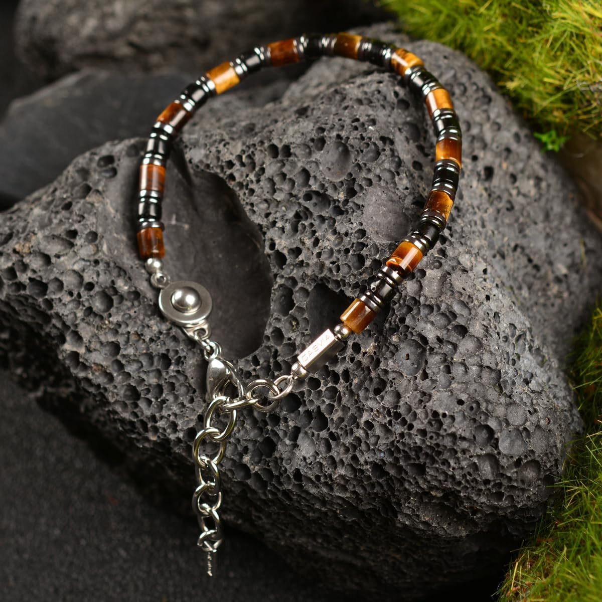 Men's Tiger Eye & Obsidian Hematite Bracelet, Nightfall Glow Collection, Adjustable Stainless Steel Dual-Clasp, Handcrafted Original Design, Durable for Daily Wear, Ideal Gift for Men, Dad, Boyfriend