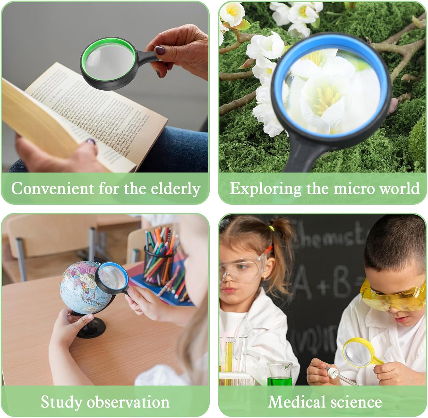 12 Pcs 10X Magnifying Glass Handheld Shatterproof Reading Magnifier for Seniors and Adults, 50mm Colored Magnifying Lens with Non Slip Rubber for Observation Exploration Science (Mixed Color)