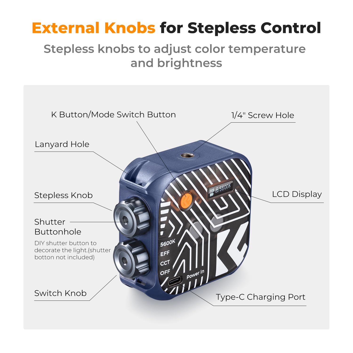 K&F Concept Bi-Color LED Video Light, 2000mAh Rechargeable Portable Camera Lights, CRI 96+, 2500K-9900K, 15 Light Effects, Photography Lighting for Vlogging, Selfie, Blue