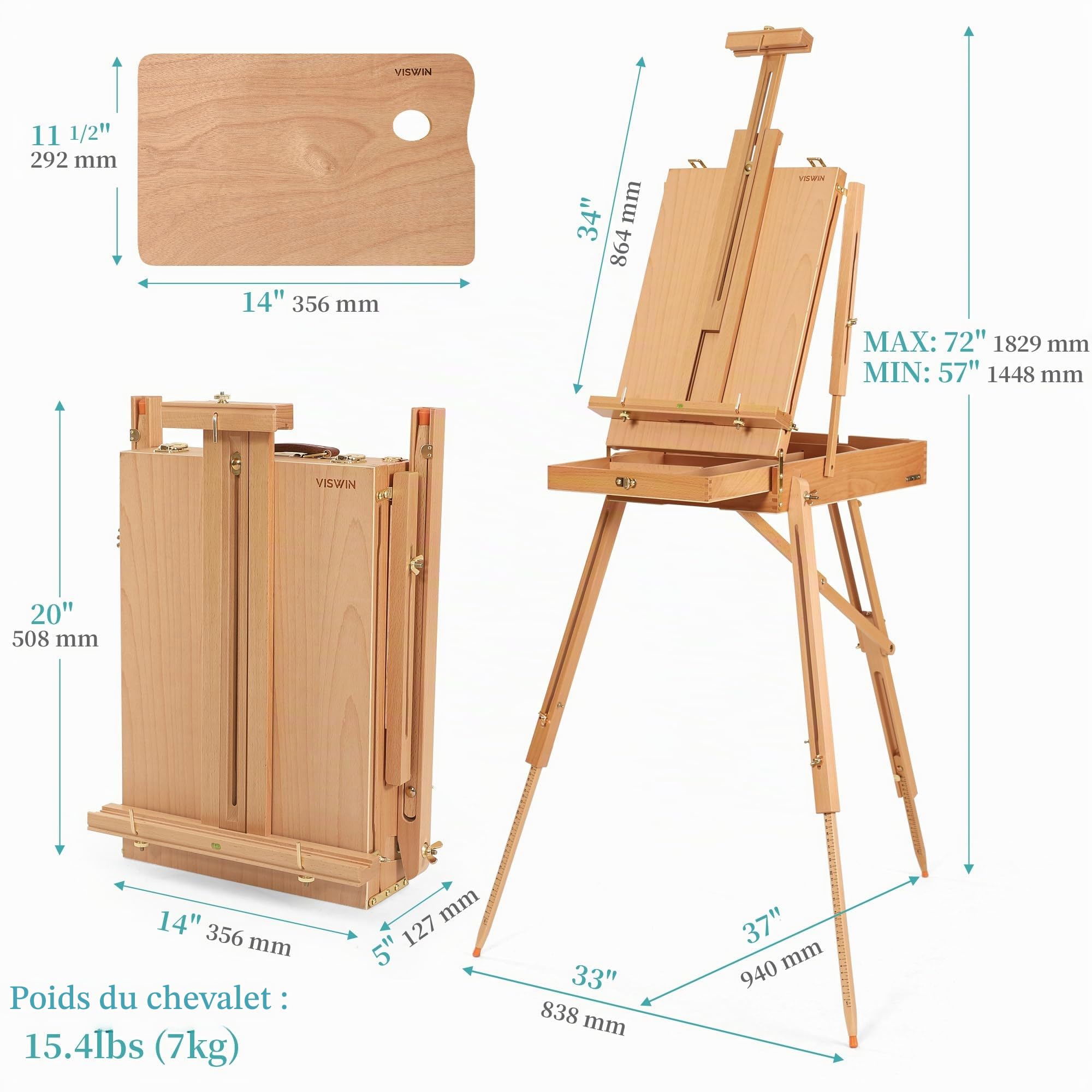 VISWIN chevalet français contenir des toiles jusqu'à 34", support de chevalet en bois de hêtre avec instrument de niveau et pied d'échelle