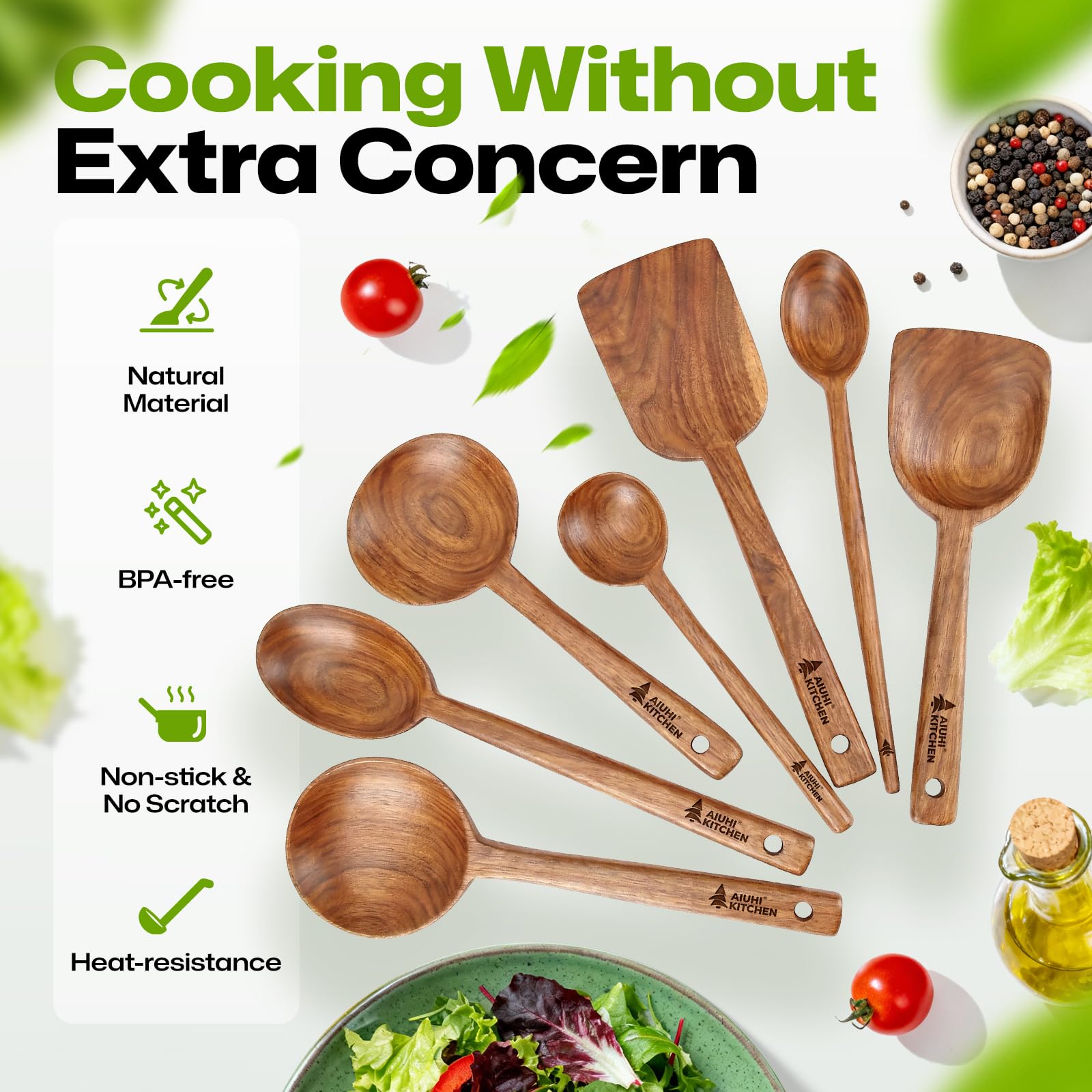 AIUHI Juego de 7 cucharas de cocina de madera
