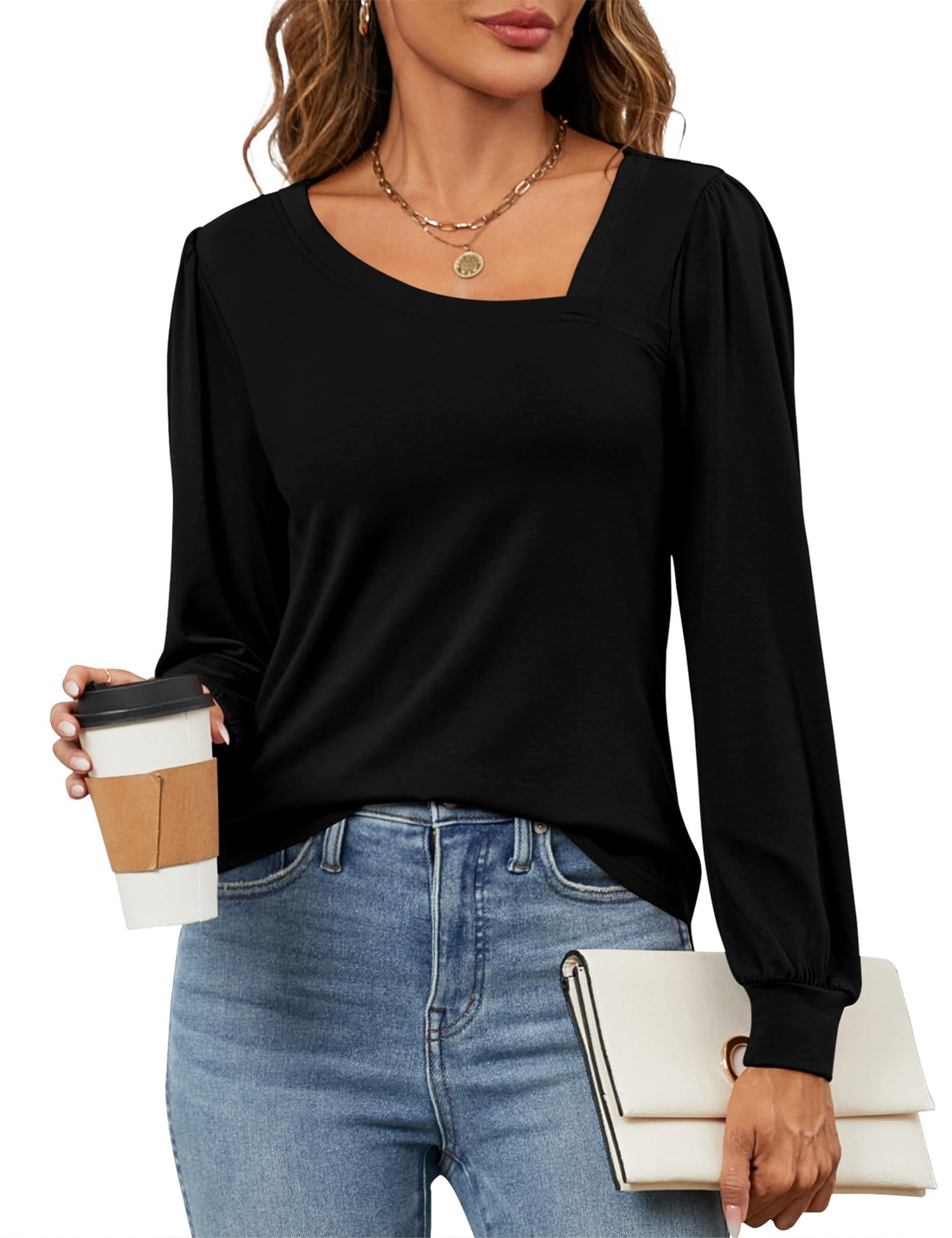 Micoson Women Tops Puff Sleeve Fashion Asymmetric Neck Elegant Casual Tunic Blouses S-2XL