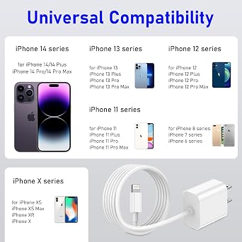 5 Pack Phone Charger Fast Charging - 20W Phone Lightning Charger, 6FT Wall Fast Charger with Lightning Cable Compatible with iPhone 14/13/12/11/Pro/Max/XR/XS/X/8
