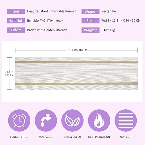 Miniatura 2 de FAVE Camino de mesa de vinilo tejido blanco tejido con hilos dorados, 72 x 12 pulgadas, resistente al calor, lavable, para bodas, banquetes,