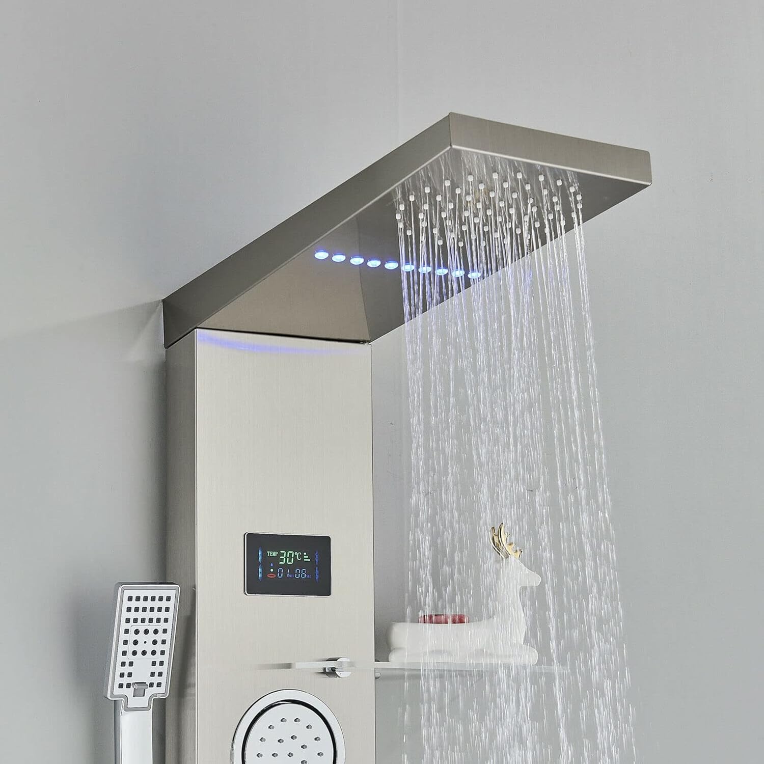 LED Shower Panel Tower System Rain Waterfall Massage Jet Body Spryaer Stainless Steel with Shelf