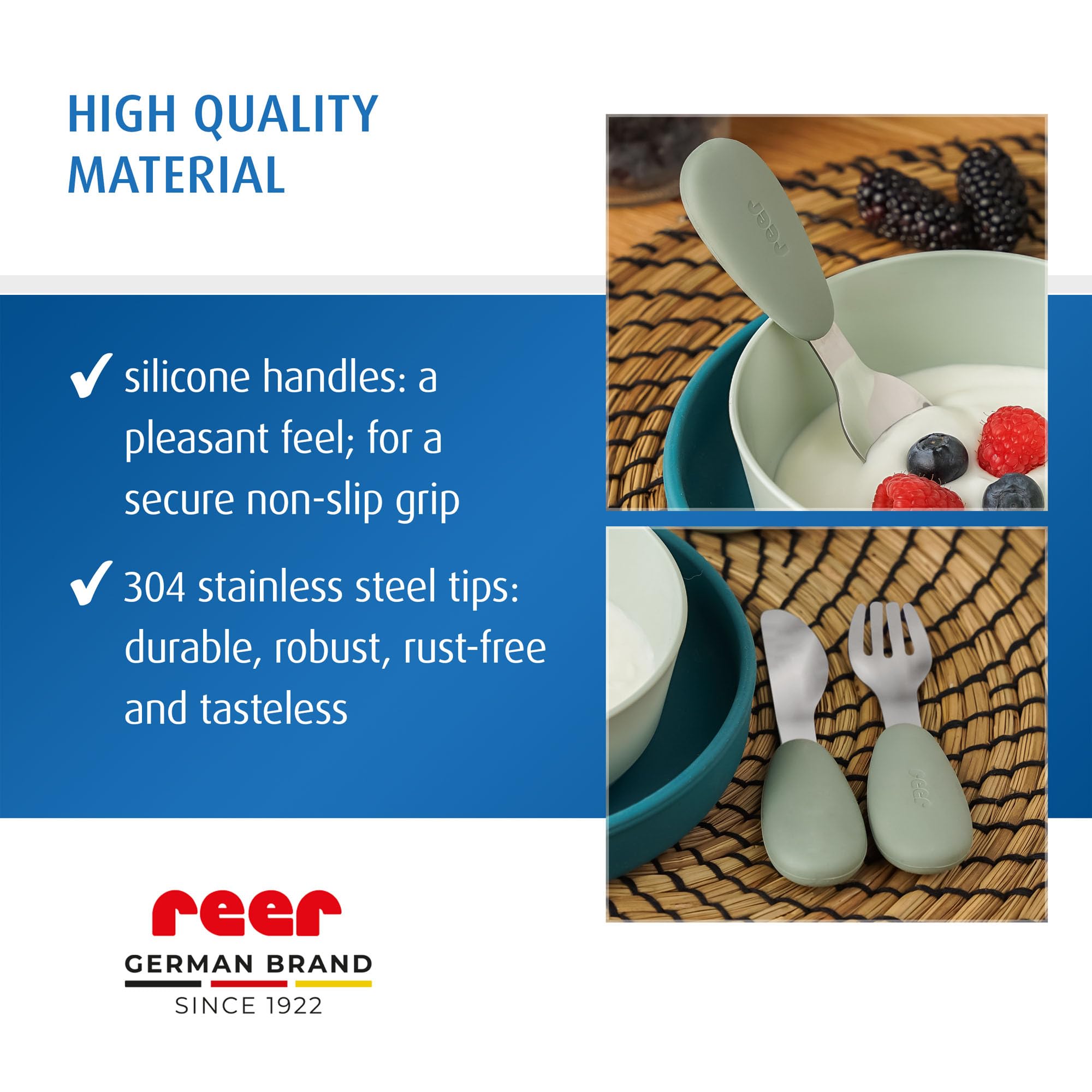 reer Cubertería de silicona de acero inoxidable, 3 piezas, para bebés y niños, diseño ergonómico y adecuado para niños, silicona de grado alimenticio, puntas de acero inoxidable, apto para