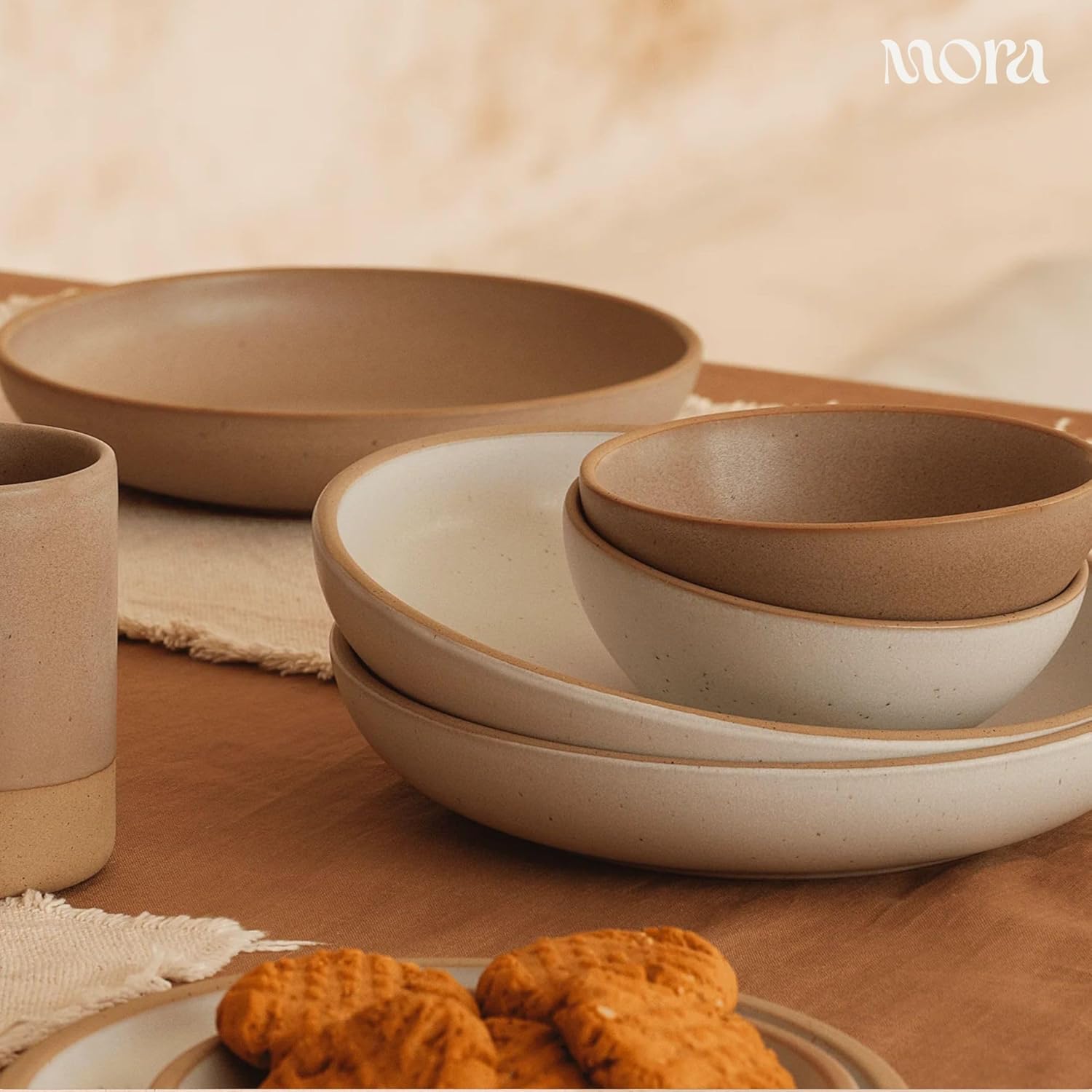 MORA Medium Dishes Set of 4, 30oz Ceramic Pottery Pasta Plate/Wide Bowls - Microwave, Oven and Dishwasher Safe - Oat