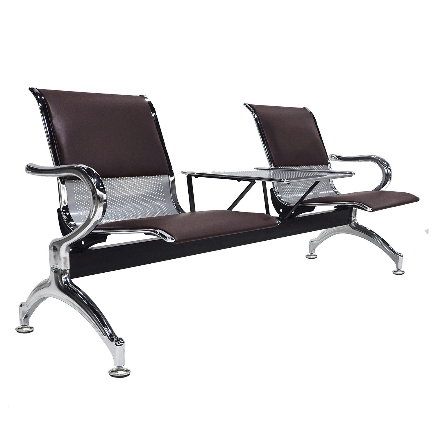 Wonline Heavy-Duty 2-Seat Waiting Bench With Table - Brown PVC Leather, Stainless Steel Frame For Lobby, Salon, Airport