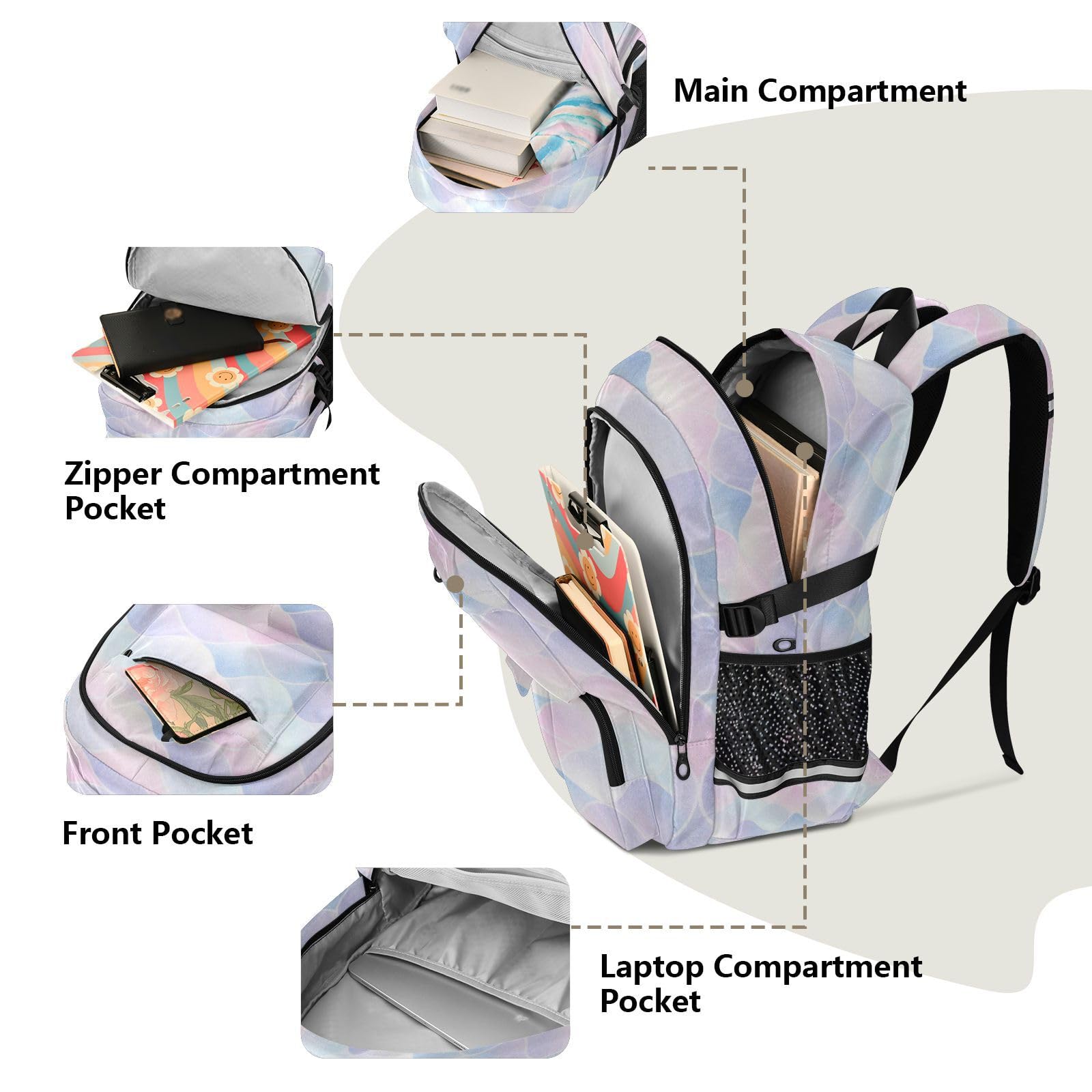 Zaini da viaggio per computer portatile, motivo: squame di sirena, glitterati, blu, viola, pastello, borsa da lavoro, 44,5 cm