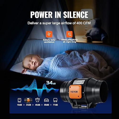 Miniatura 4 de VEVOR Ventilador de conducto en línea, de 6 pulgadas 400 CFM con controlador de velocidad variable, ventilador de escape de ventilación silencioso
