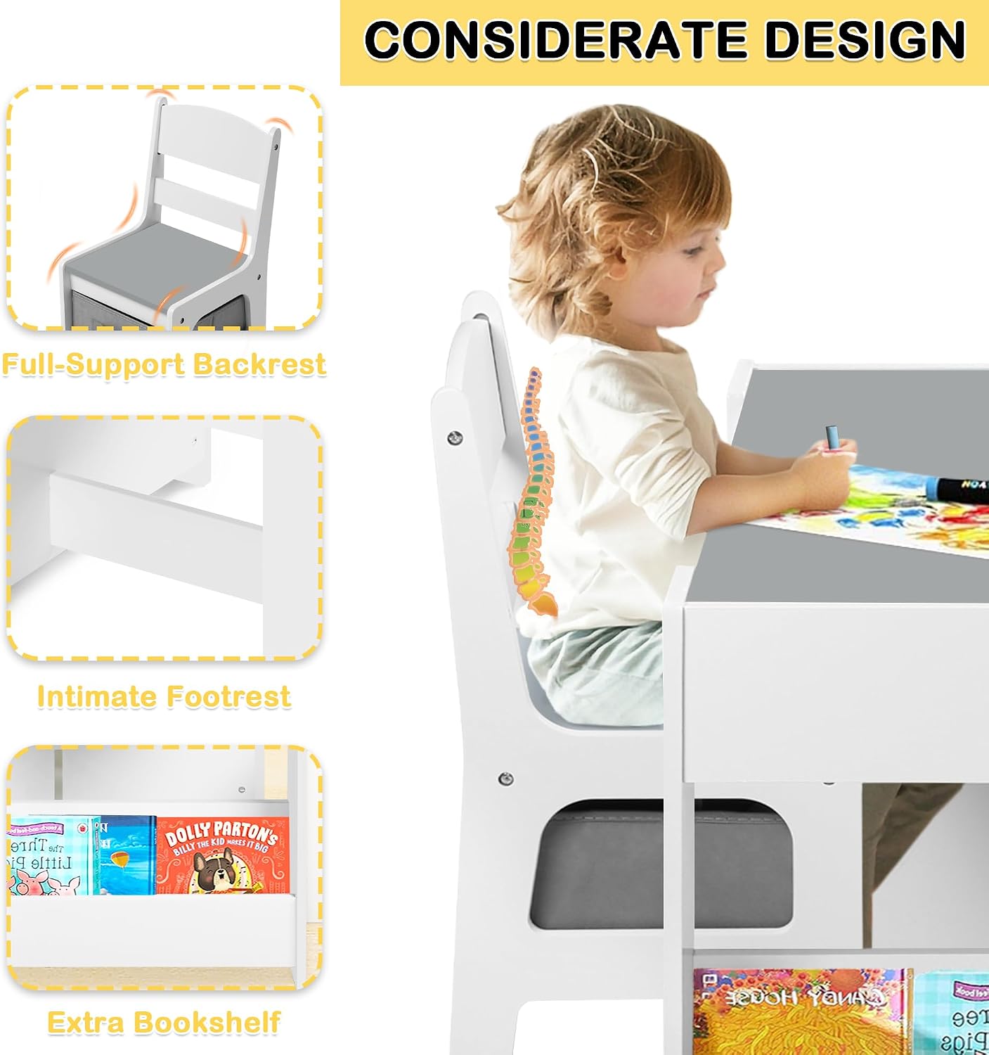 Kids Table and Chair Set, 4-in-1 Wooden Activity Table w/Storage Bins, Detachable Tabletop, Blackboard, Bookshelf, Toddler Table and Chairs for Crafts/Drawing/Reading/Playing, Gray & White