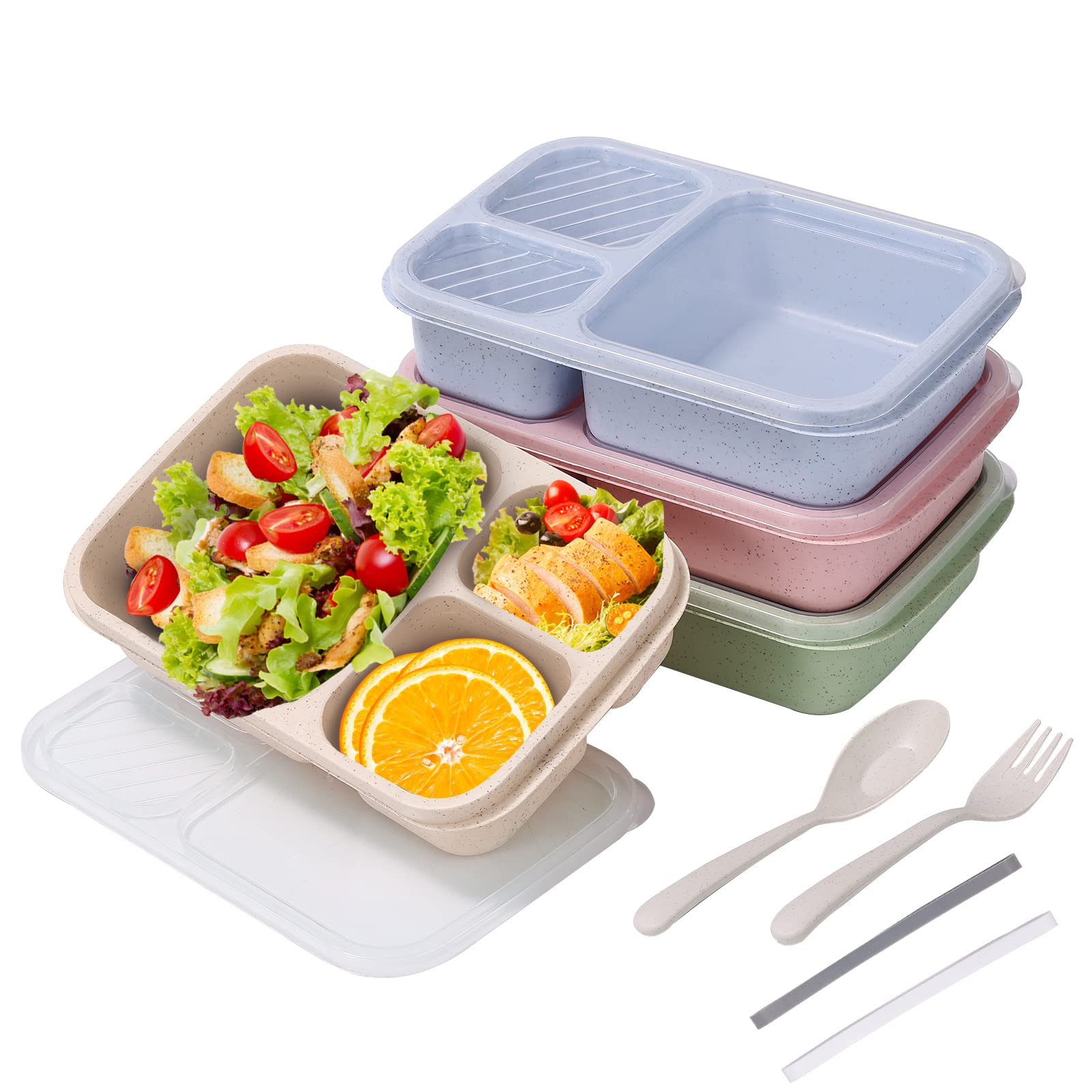 Mcostar Bento Lunch Box, 4 Pack Lunch Box for Kids, 3-Compartment Meal Prep Containers Reusable, Durable BPA Free Wheat Straw Food Storage Bento Boxes Suitable for Schools, Companies,Work and Travel
