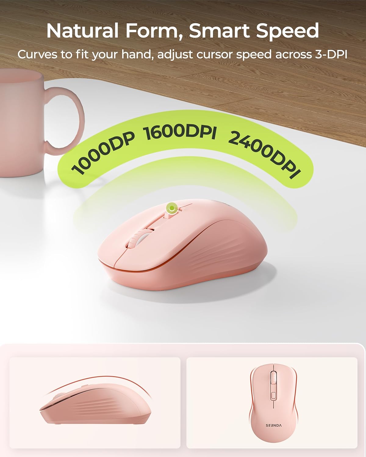 seenda Wireless Bluetooth Keyboard and Mouse Combo, COE200 Ergonomic Wireless Keyboard Mouse with Wrist Rest, Multi-Device Connection, Full-Size Compatible for Computer/Laptop/Mac/MacBook, Pink