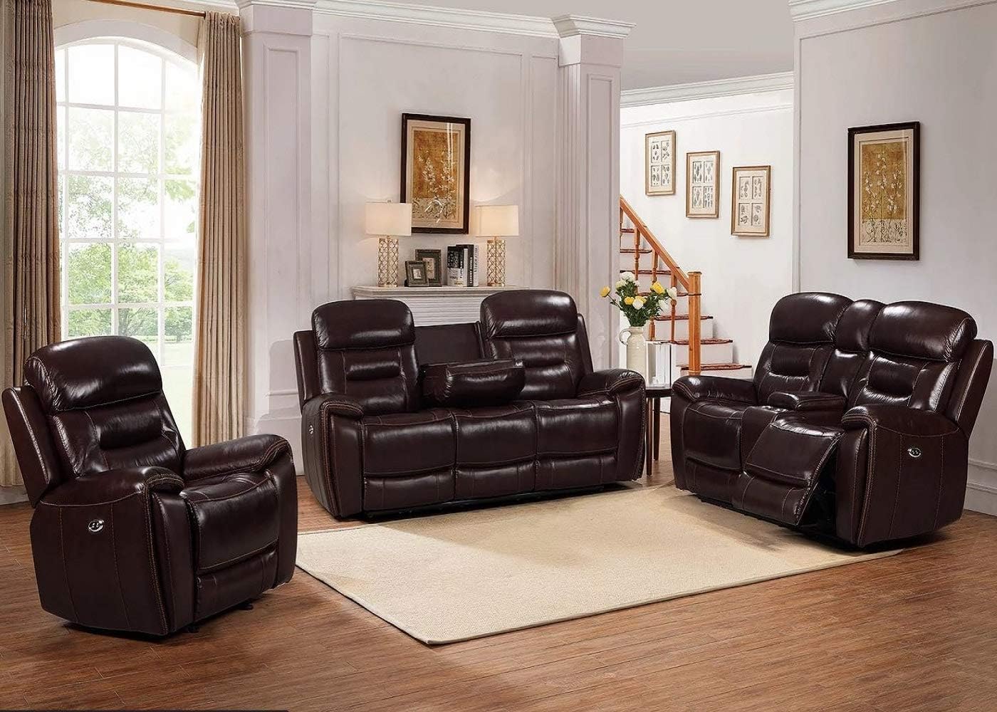 Pavia 3 Pieces Living Room Reclining Sofa Set in Dark Brown Top Grain Leather Match