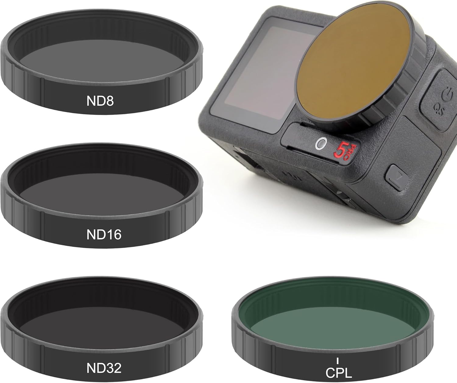 GEPULY 4-Pack ND CPL Filter Fit DJI OSMO Action 3/4/5 Pro - Snap-On ND8 ND16 ND32 Neutral Density Polarized Filter, Multi-Coated/Metal Frame/HD Glass Action Camera Accessories