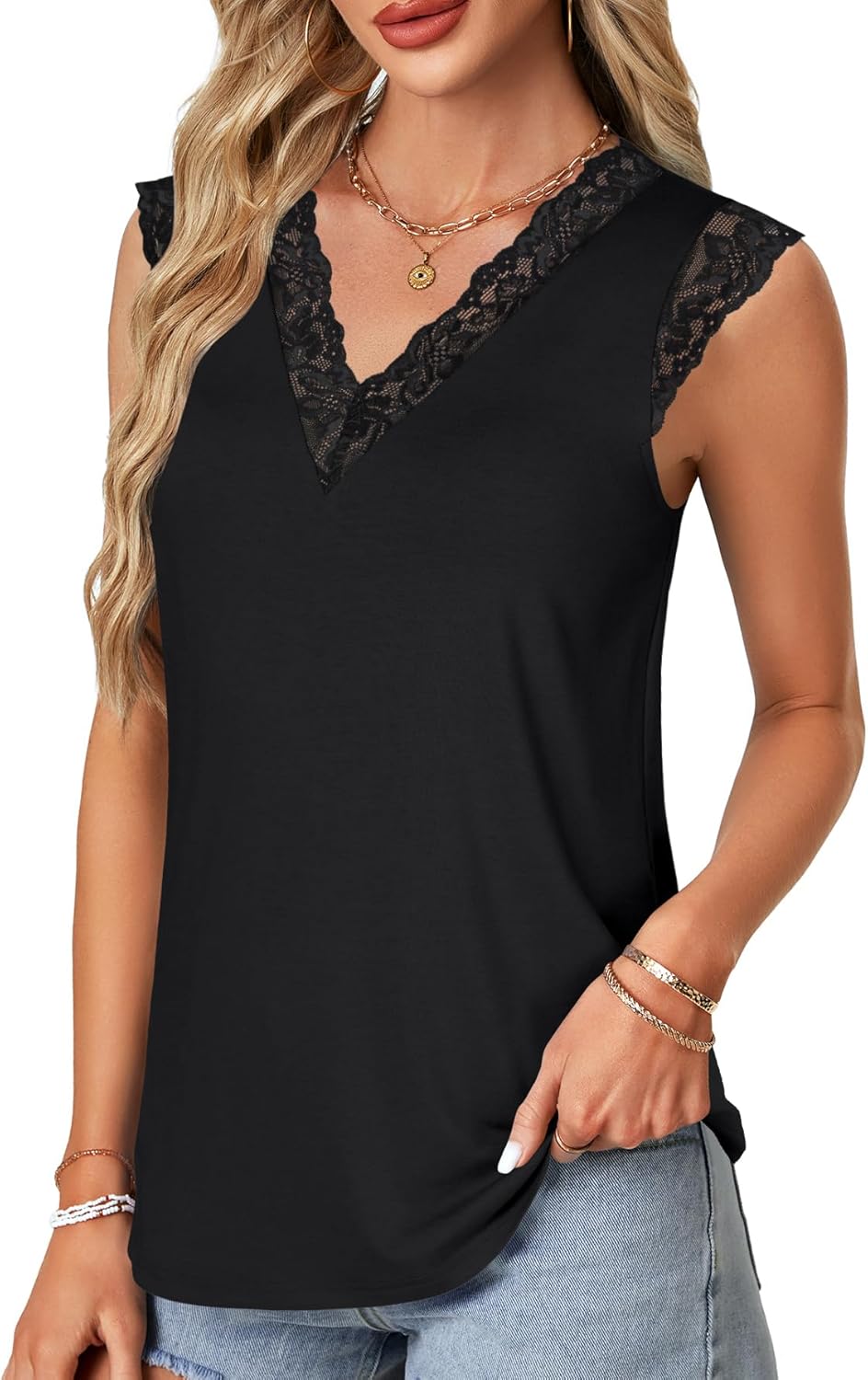Vrtige Women's Tank Tops V Neck Sleeveless Lace Blouse Casual Vest Summer Camisole Shirts - Image 3