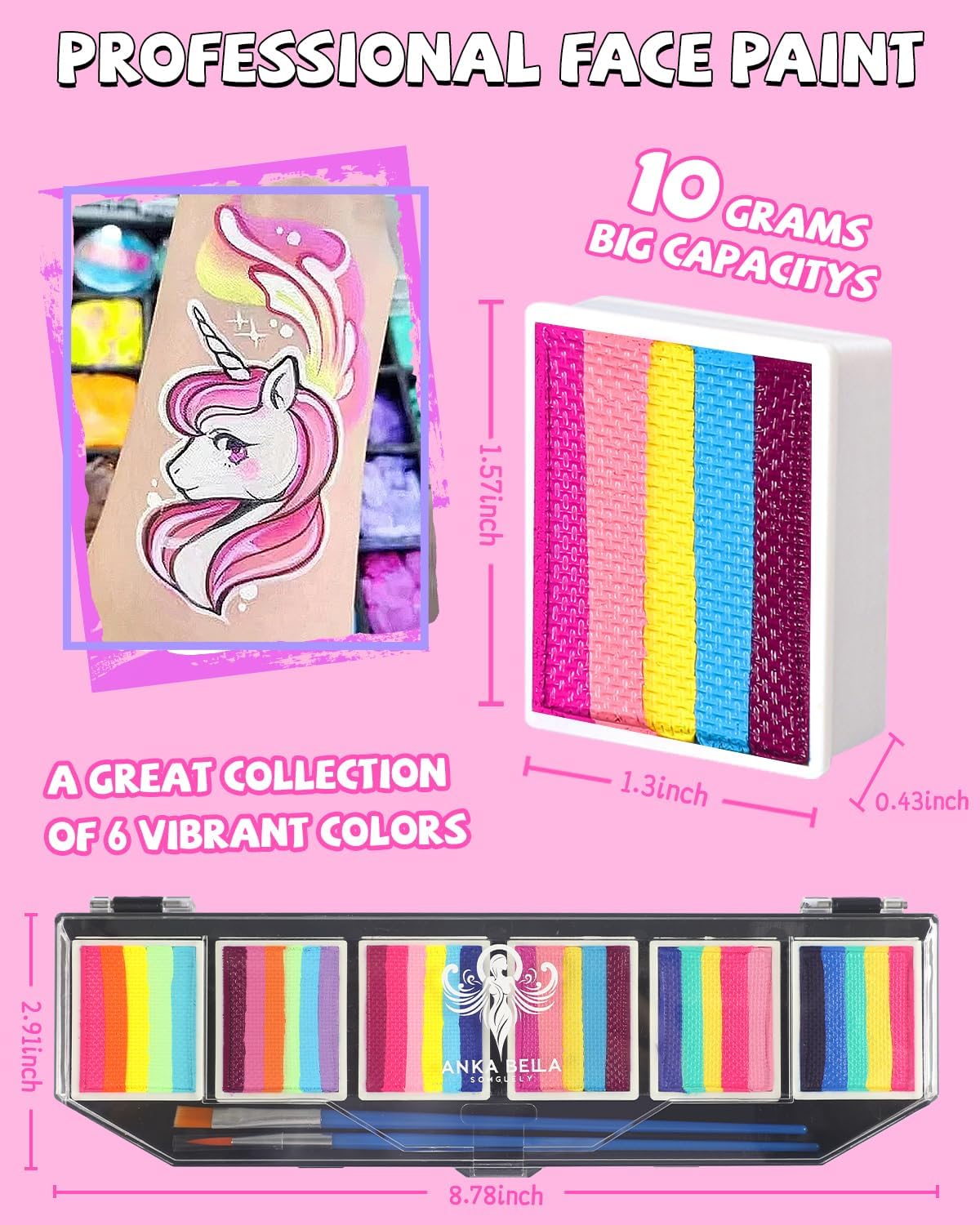 Anka Bella 60gm Water Activated Split Cake Face Paint,Professional Washable Non Toxic Face Painting Kit for Kids & Adults,Gift for Halloween Birthday Parties/Carnival - Image 5